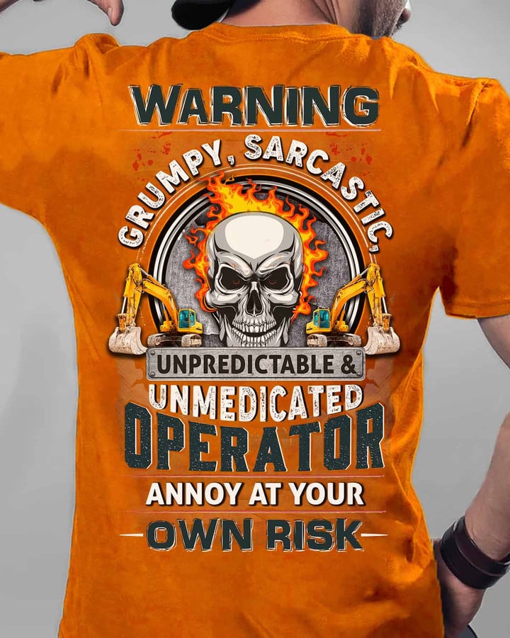 Orange Operator T-Shirt with Skull and Excavator Graphic