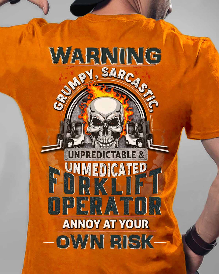 Forklift Operator T-Shirt - Funny quote design on vibrant orange fabric.