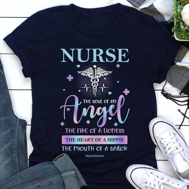 "Nurse T-Shirt - Navy blue shirt with white text that reads NURSE, celebrating the qualities of a nurse