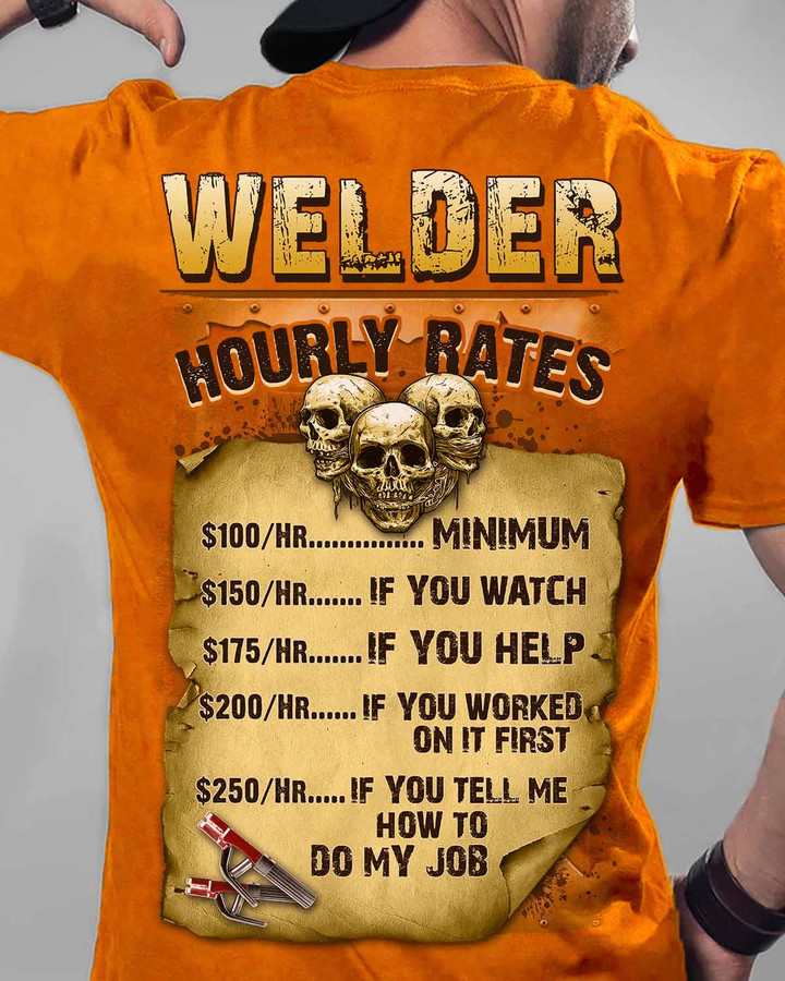 Orange welder t-shirt with skull graphic and hourly rates, perfect for expressing your passion and professionalism.