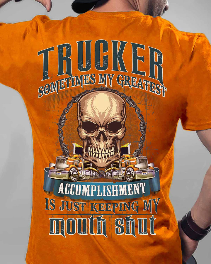 Orange Trucker T-Shirt with Skull and Truck Design