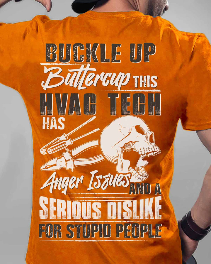 Orange Buckle Up Buttercup HVAC Anger Issues t-shirt with bold black text, ideal for HVAC technicians.