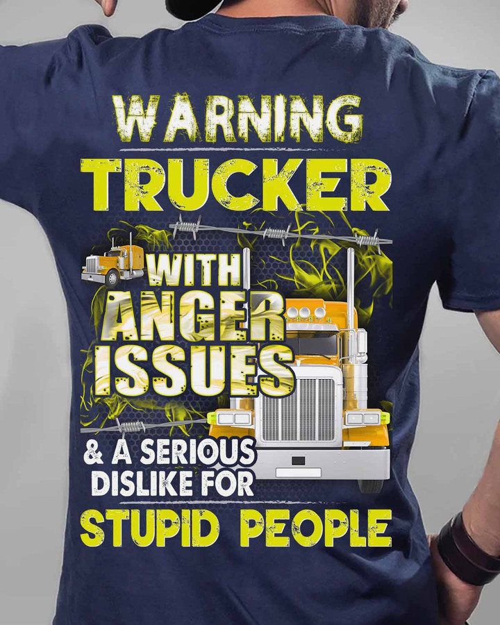 Blue Trucker T-Shirt with Yellow Truck Graphic and Quote