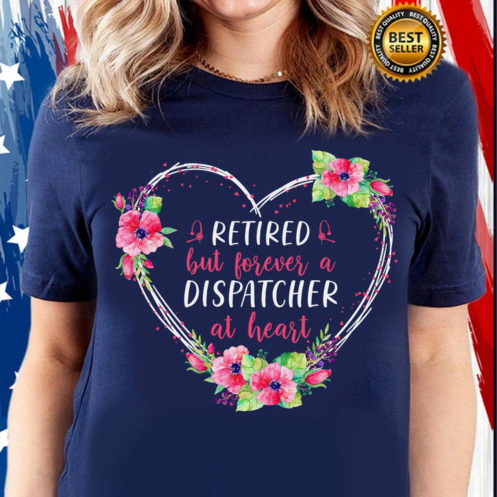 Blue t-shirt with heart and flower design, perfect for retired dispatchers.