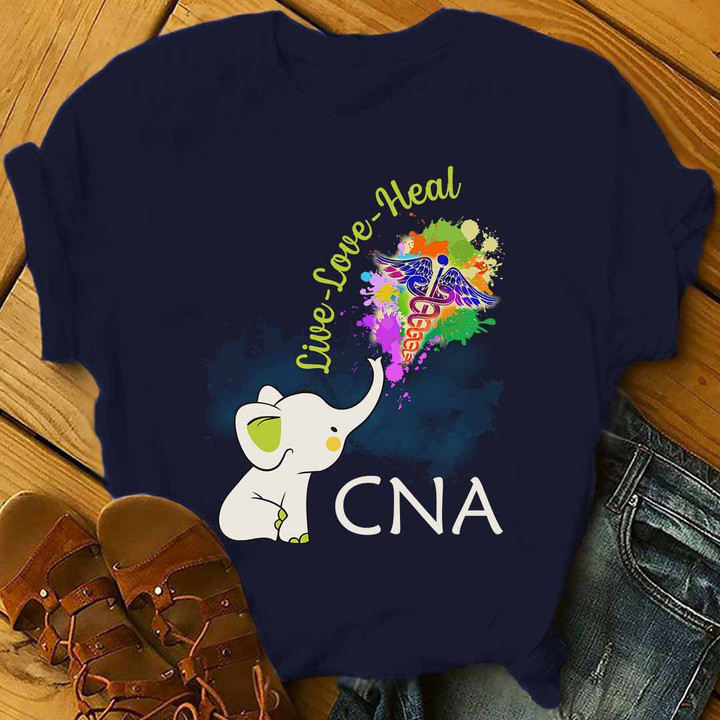 Blue CNA t-shirt with white elephant and medical symbol, representing the dedication and compassion of Certified Nursing Assistants.