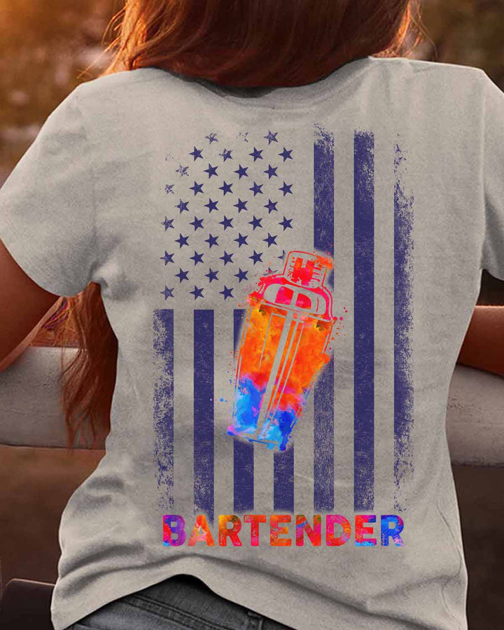 Black Bartender T-Shirt with American Flag Graphic