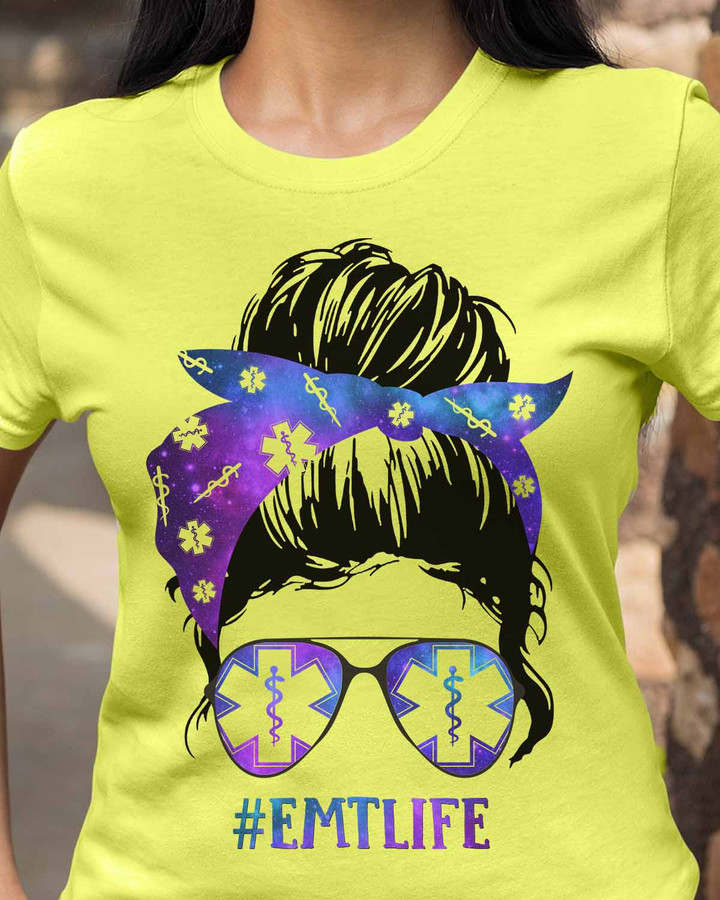 Yellow EMT Life T-Shirt with #EMTLIFE text and bandana sunglasses graphic