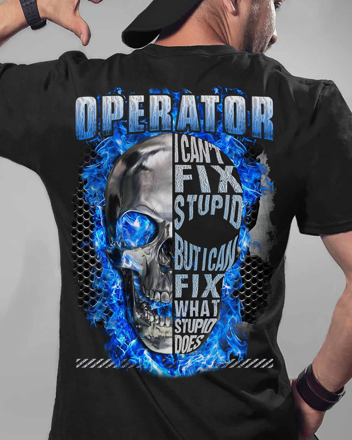 Operator profession t-shirt with blue skull and flames graphic