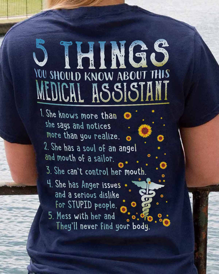 Black cotton t-shirt with white text reading '5 Things You Should Know About This Medical Assistant'