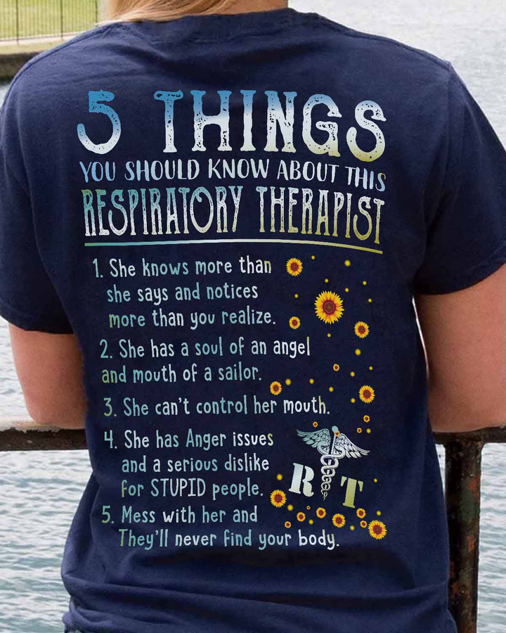 Blue t-shirt with white text displaying a humorous quote for Respiratory Therapists