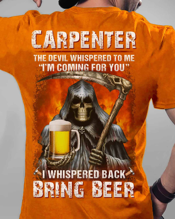 Carpenter Grim Reaper T-Shirt - Graphic of a grim reaper holding a beer and a scythe, symbolizing the fearless spirit and dark humor of carpenters.