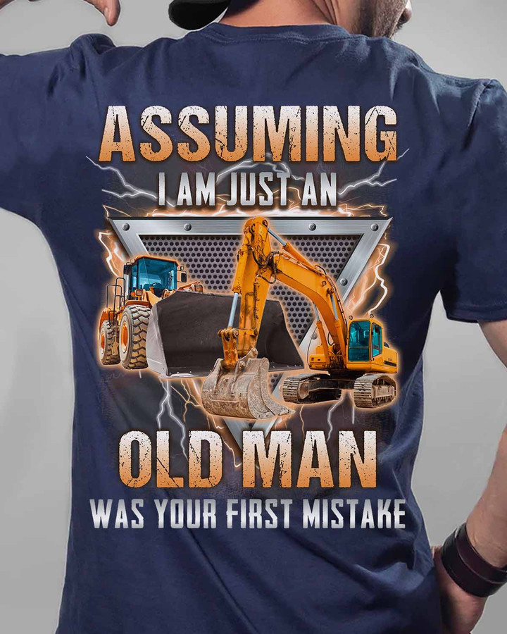 Blue t-shirt with yellow excavator graphic and quote for heavy equipment operators