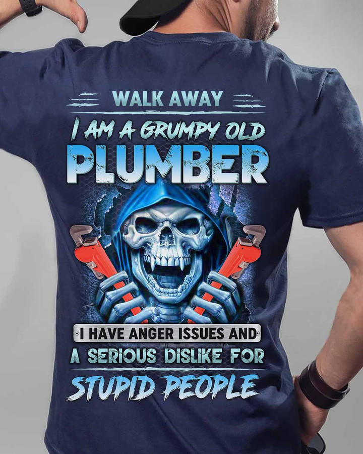 Blue t-shirt for plumber with skull and wrench graphic