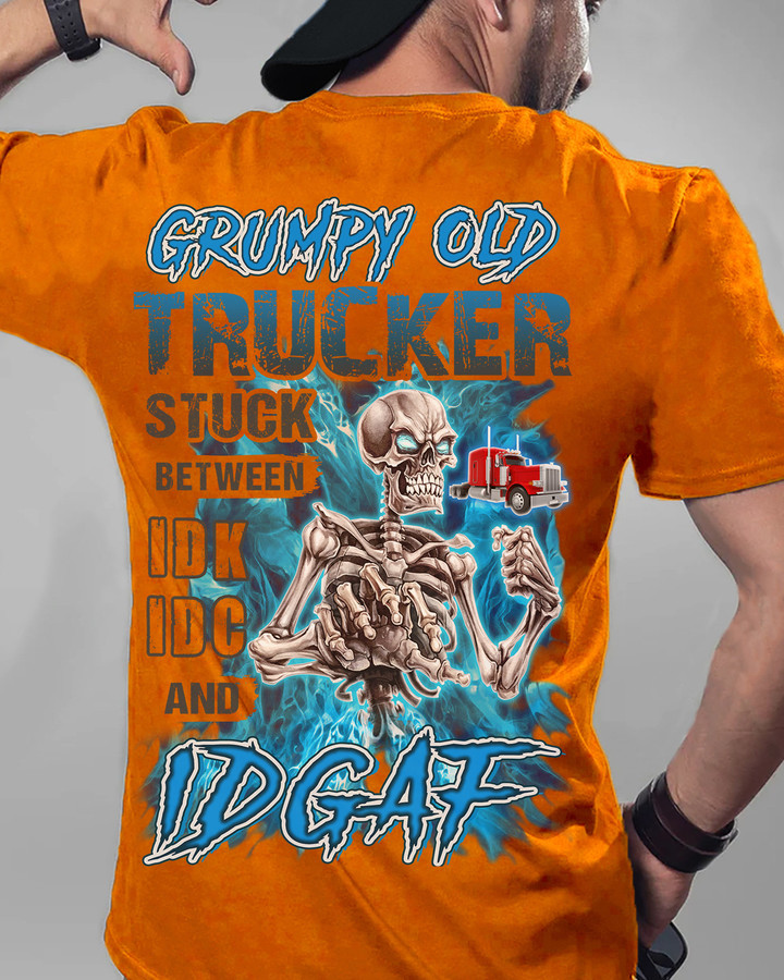 Orange Grumpy Old Trucker T-Shirt with Skeleton Print and Trucking Quote