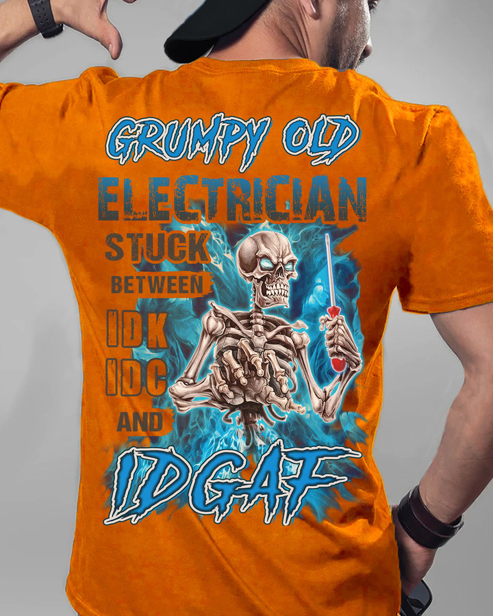 Orange t-shirt with skeleton holding screwdriver, perfect for electricians