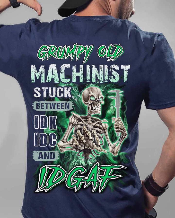 Blue cotton t-shirt with skeleton holding caliper graphic, perfect for grumpy old Machinist.