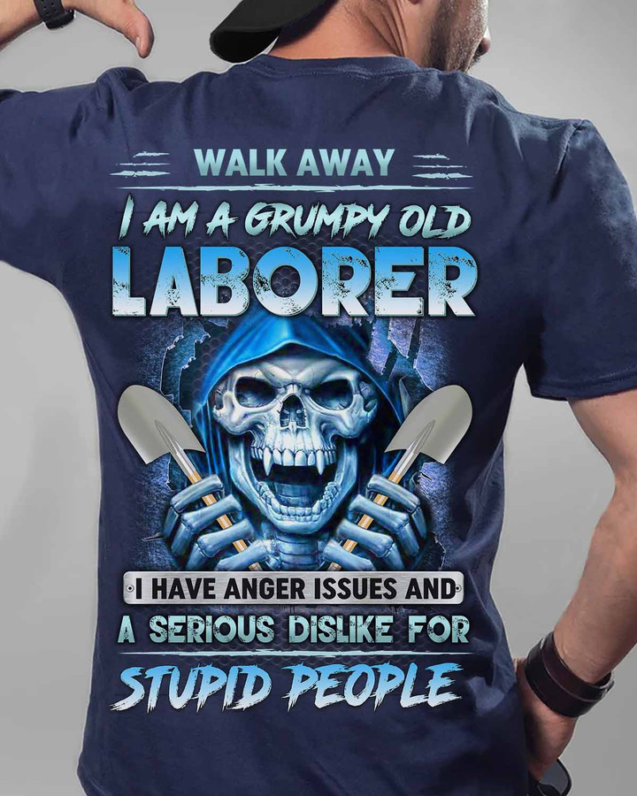 Blue laborer t-shirt with skull and shovel design, perfect for expressing frustration and asserting authority.