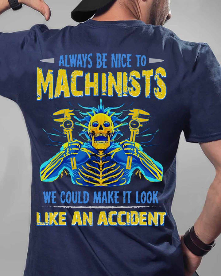 Blue machinist t-shirt with skeleton graphic holding a wrench, reminding to always be nice to machinists
