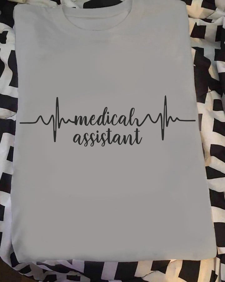 Gray t-shirt for medical assistants with heartbeat graphic and "medical assistant" text