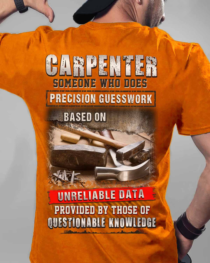 Carpenter T-Shirt - Orange shirt with hammers and nails graphic design representing the craftsmanship and problem-solving skills of carpenters.