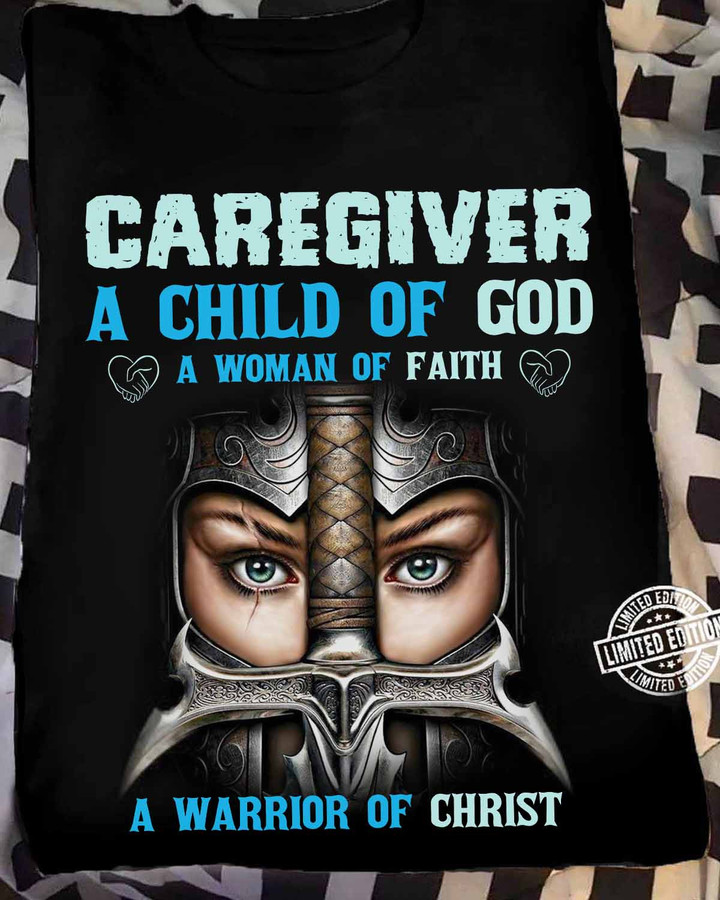 Black Caregiver T-Shirt for Blue-Collar Workers - Graphic design of woman holding a sword with empowering quote.