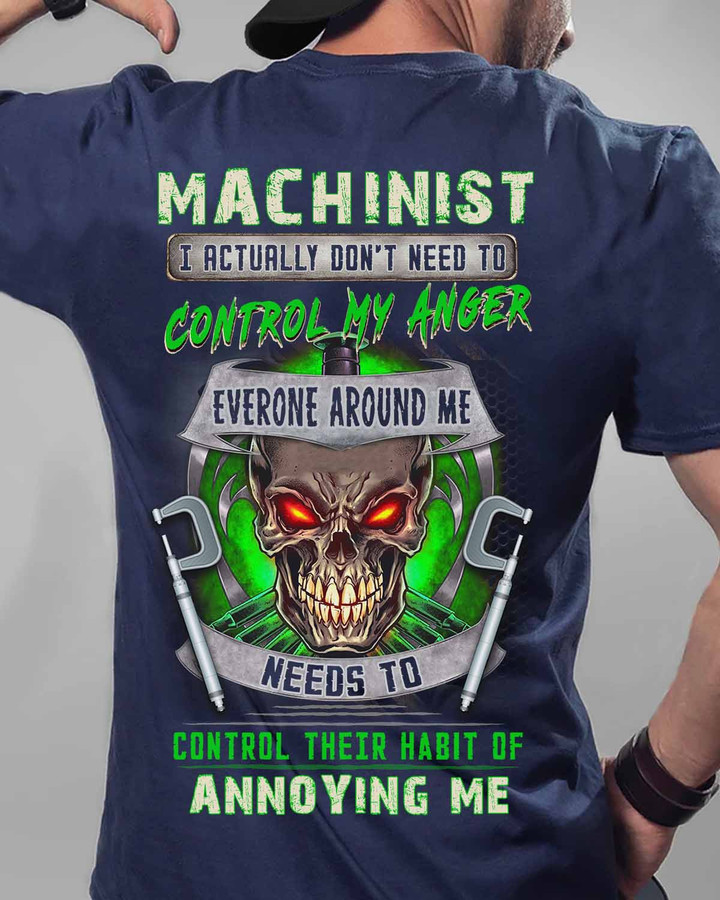 Blue Machinist T-Shirt with Skull Graphic and Empowering Quote