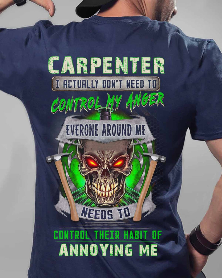 Carpenter t-shirt with skull and hammer graphic and humorous quote.