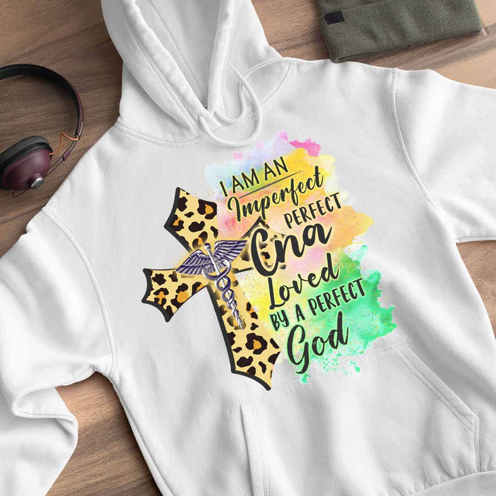 White CNA hoodie with leopard print cross and quote 'I am an imperfect person loved by a perfect God' - Ideal for CNAs