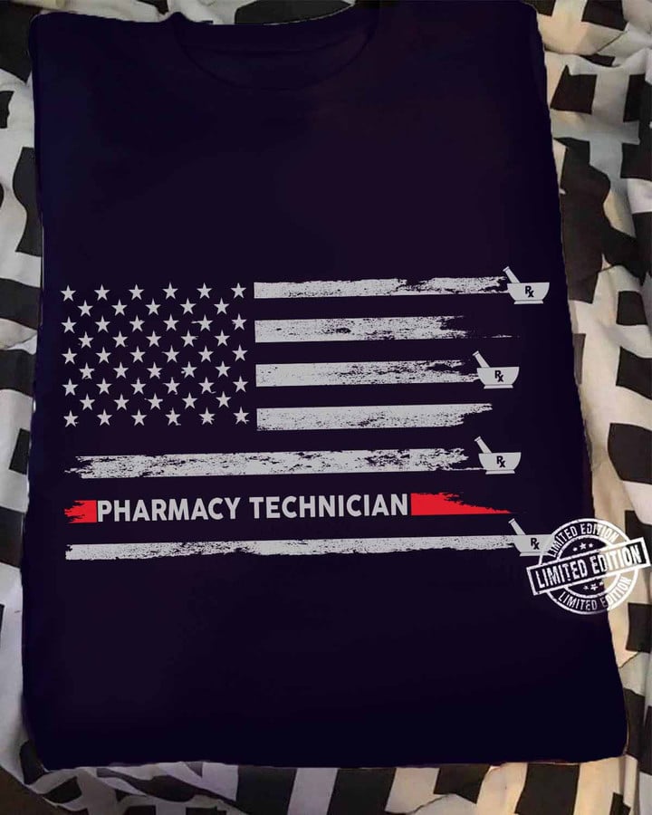 "Black t-shirt for Pharmacy Technician with American flag graphic design