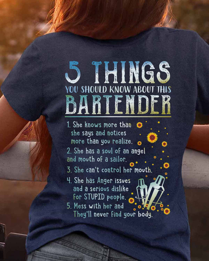 Black t-shirt for bartenders with '5 THINGS YOU SHOULD KNOW ABOUT THIS BARTENDER' graphic design and accompanying icons.