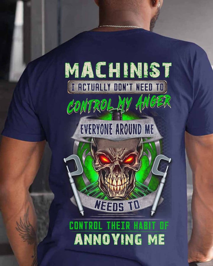 Blue Machinist T-Shirt with Skull and Wrench Graphic Design