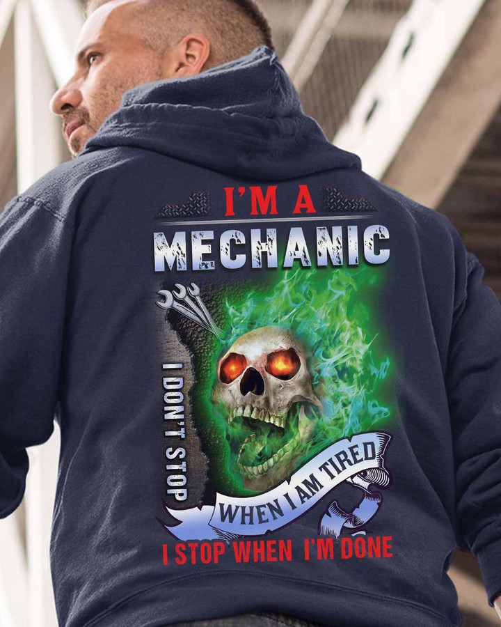 Mechanic black hoodie with skull graphic and empowering quote.