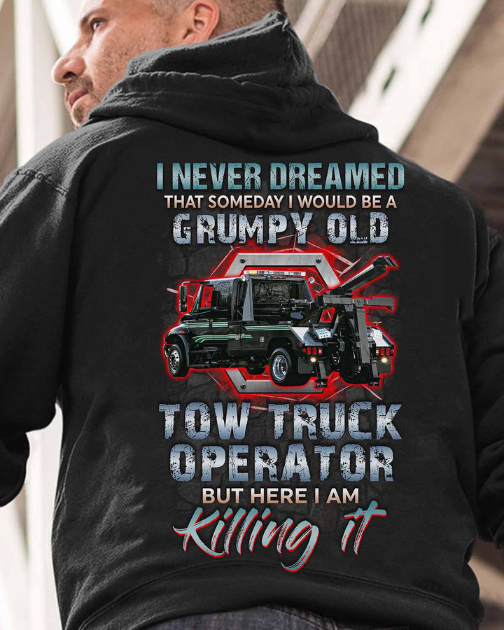Tow truck operator hoodie - Black hoodie with cartoon tow truck graphic and quote, ideal for expressing pride and passion in the profession.