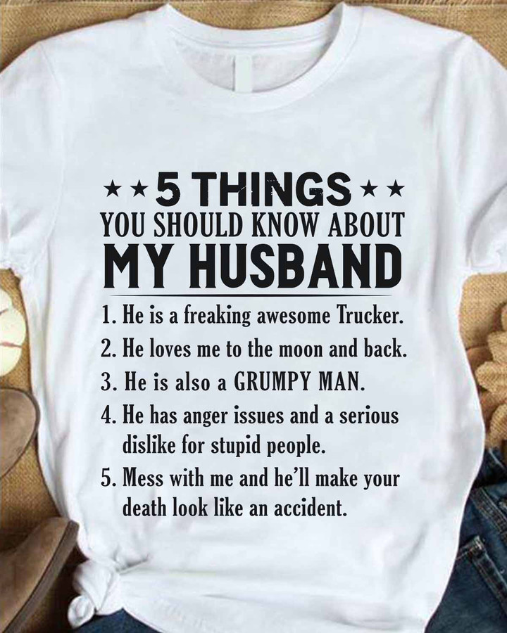 "Black t-shirt with white text and graphic design for trucker husbands - 5 things you should know about my husband. Warning