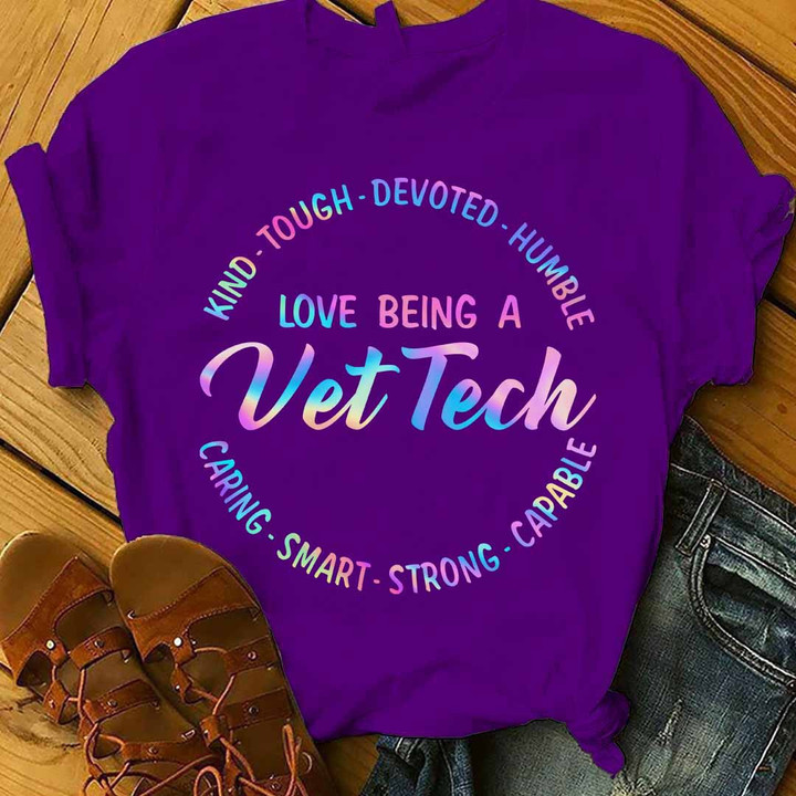 Purple Vet Tech T-Shirt with Paw Print Graphic and Empowering Qualities