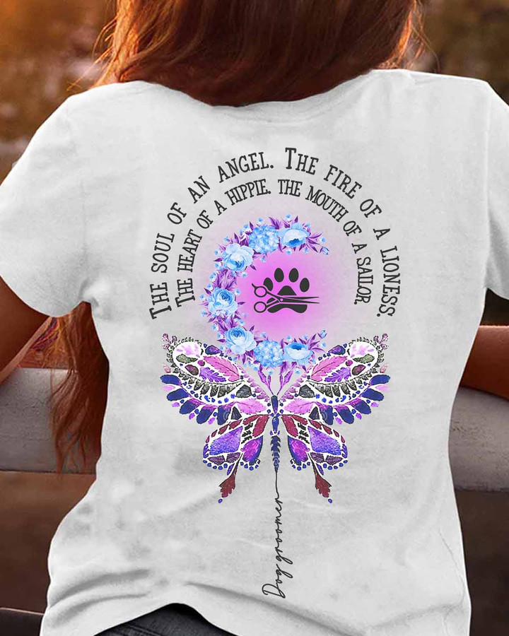 White Dog Groomer T-Shirt with Butterfly Graphic and Inspiring Quote