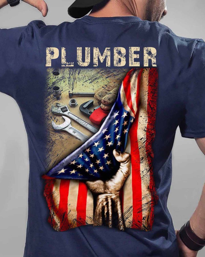 Plumber T-Shirt with Graphic Design of Plumber's Hand Holding American Flag
