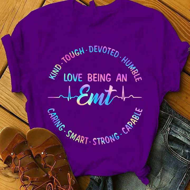 EMT Purple T-Shirt with Heartbeat Graphic and 'I kind of love being an ent' Quote