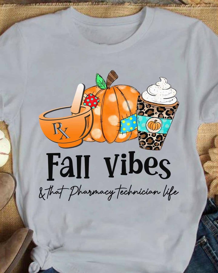 Pharmacy Technician Fall Vibes T-Shirt - Pumpkin, Mortar and Pestle, and Coffee Graphic