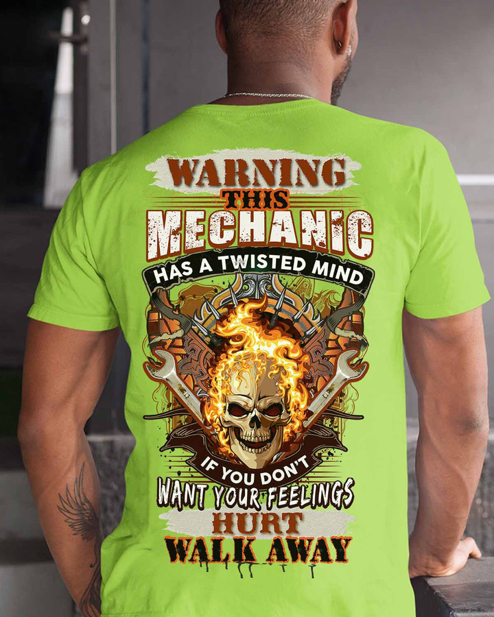 Neon Green Mechanic T-Shirt with Skull and Wrench Graphic