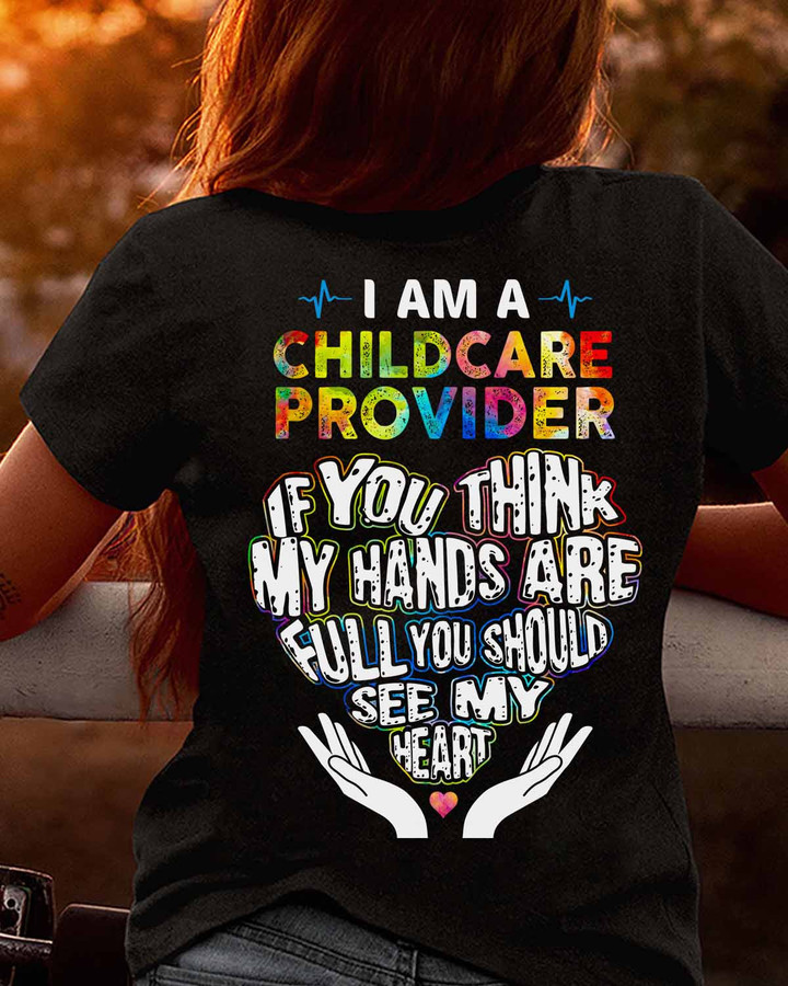 Black t-shirt for childcare providers with inspirational quote and heart graphic