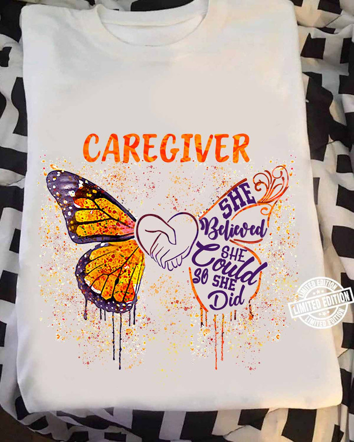Black caregiver t-shirt with butterfly graphic and empowering quote "SHE BELIEVED SHE COULD SO SHE DID" - Custom T-Shirts
