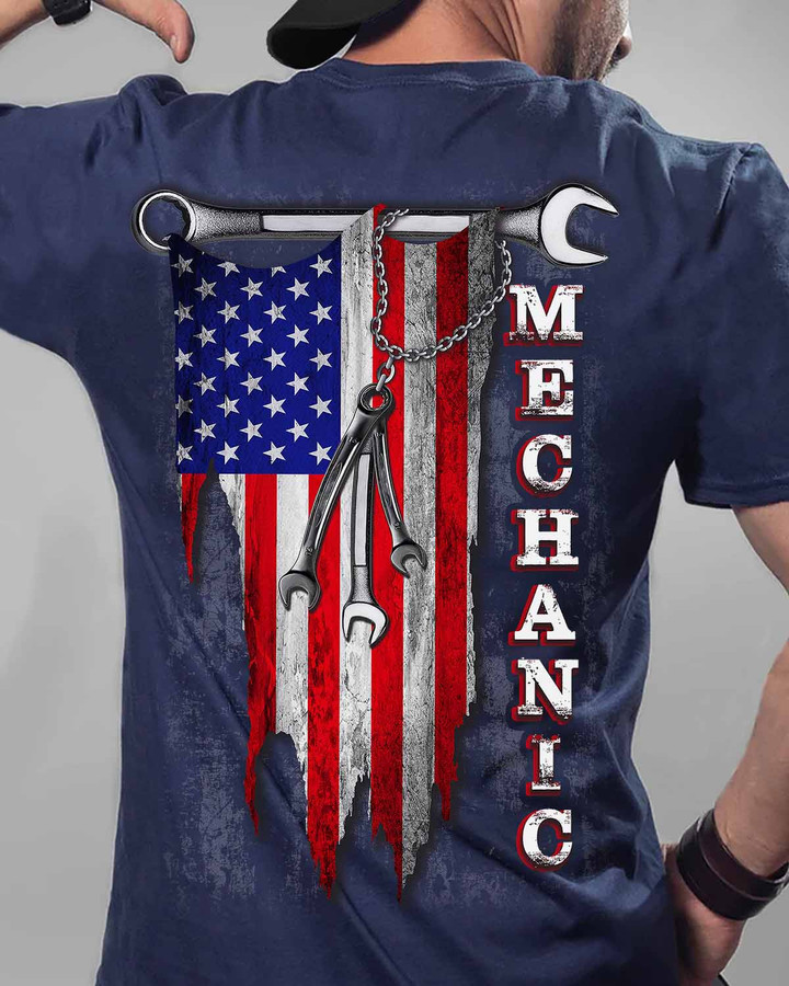 Mechanic T-Shirt - American flag and wrench graphic symbolizing passion, pride, and patriotism.