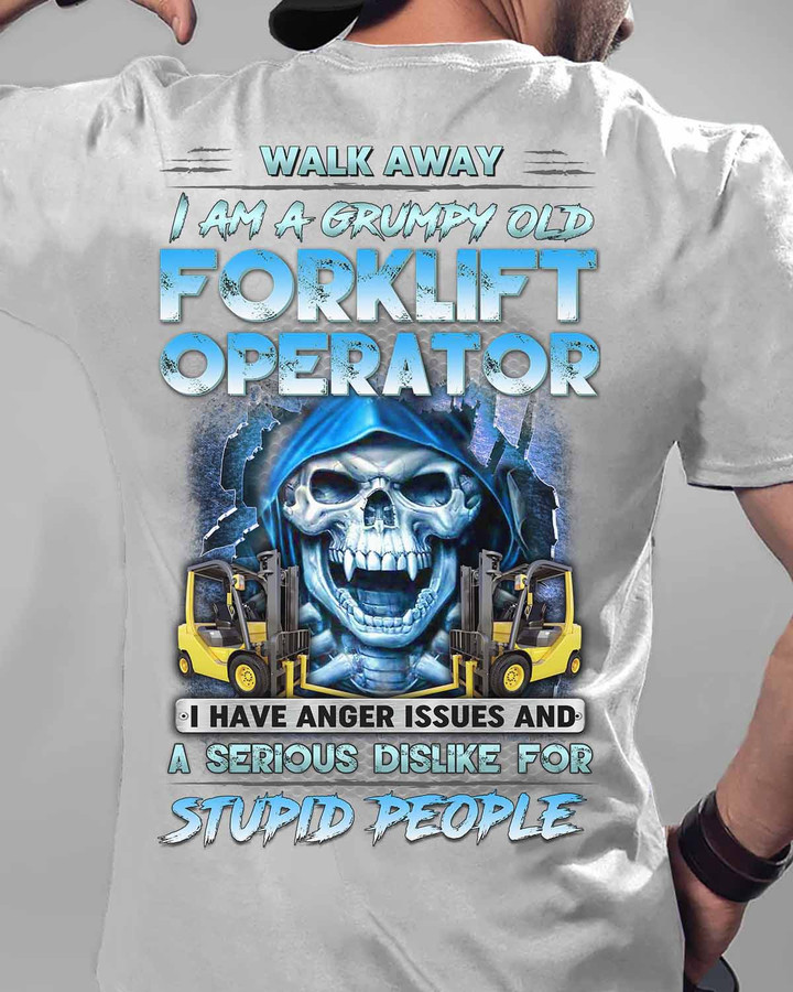 White Cotton T-Shirt with Skull and Forklift Graphic - Grumpy Old Forklift Operator T-Shirt