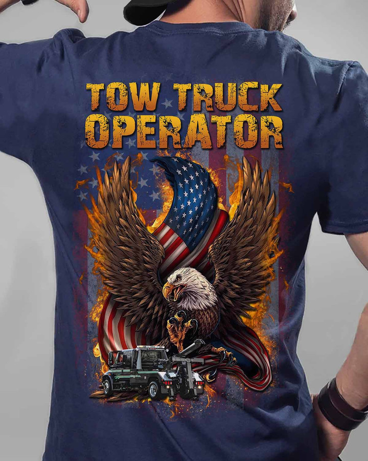 Blue t-shirt with bald eagle, American flag, and text 'Tow Truck Operator' - Perfect for patriotic tow truck operators.