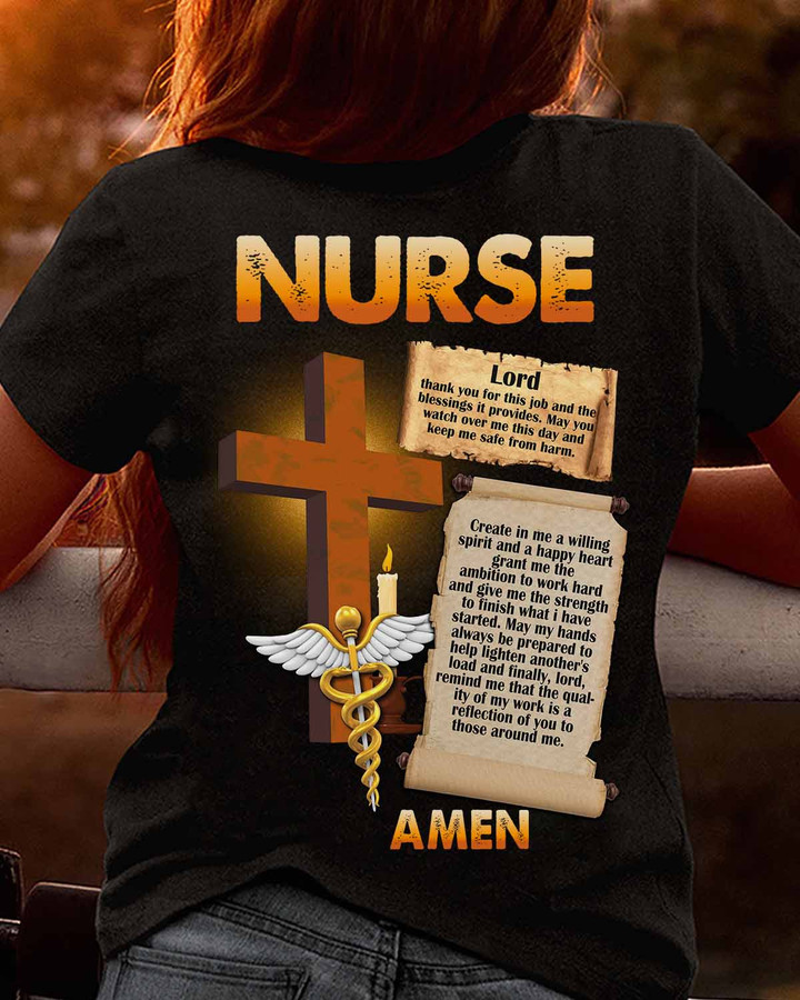 Black t-shirt with white text, featuring a heartfelt prayer for nurses.