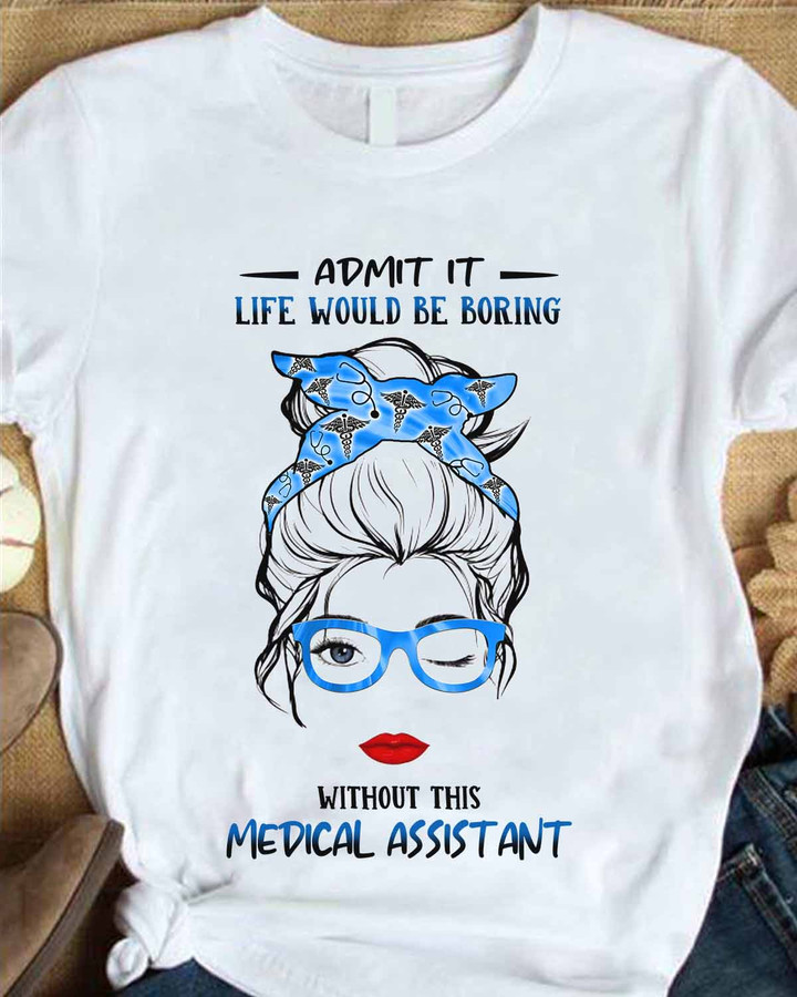 Graphic design of a medical assistant wearing a bandana and glasses on a white t-shirt