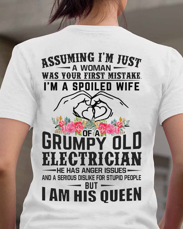 Funny and empowering t-shirt for wives of electricians, showcasing their unique role as the spoiled wife of a grumpy old electrician.