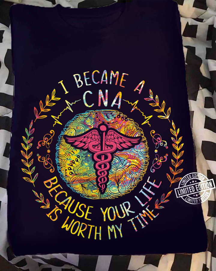 CNA t-shirt with caduceus design and empowering quote