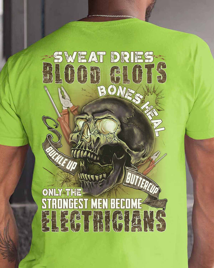 Electrician t-shirt with skull and pliers graphic and the quote 'Only the strongest men become electricians'